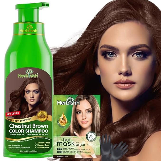 Herbishh Color Shampoo for Gray Hair Coverage (Chestnut Brown) –Hair Dye 3-in-1 Shampoo- Colors in Minutes – Lasts Up To 2-3 Weeks – 500 mL – Ideal for Men & Women