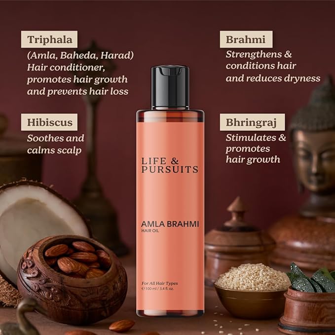 Life & Pursuits Amla Brahmi Hair Oil 3.4 Oz, Ayurvedic Oil for Hair Growth Support, Hair Fall Due to Breakage, Weak Roots, Dry Frizzy Hair, Scalp Nourishment & Shine, Natural Hair Oil for Men & Women