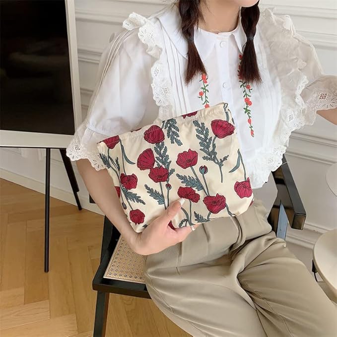 Flat Makeup Bag for Women,Zipper Cosmetic Pouch for Purse,Poppy Beige
