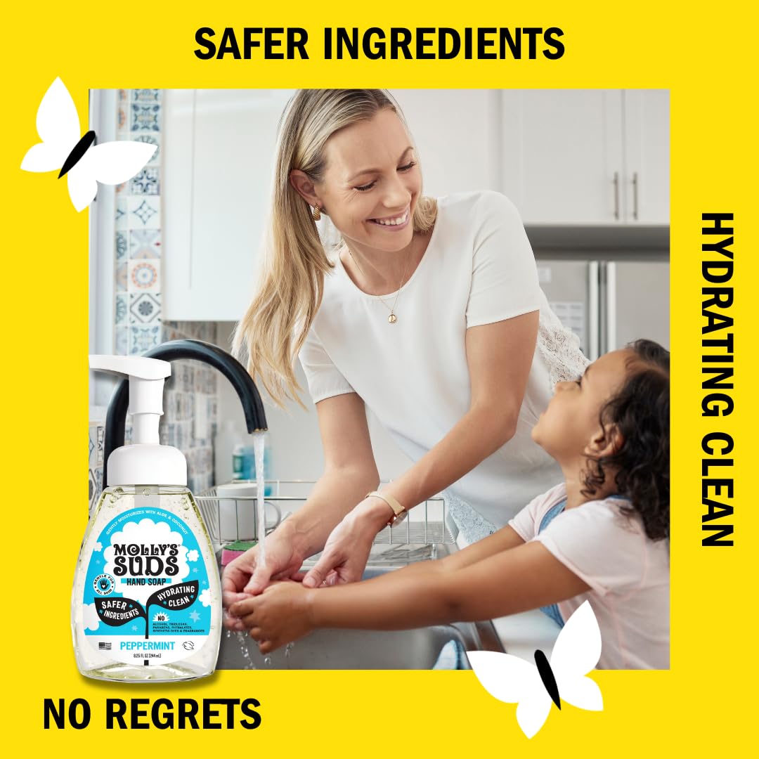 Molly's Suds Foaming Hand Soap - Made with Aloe and Coconut Oil | Moisturizing Hand Wash | Clean Ingredients, Infused with Essential Oils | Peppermint - 8.25 Oz (Pack of 3)