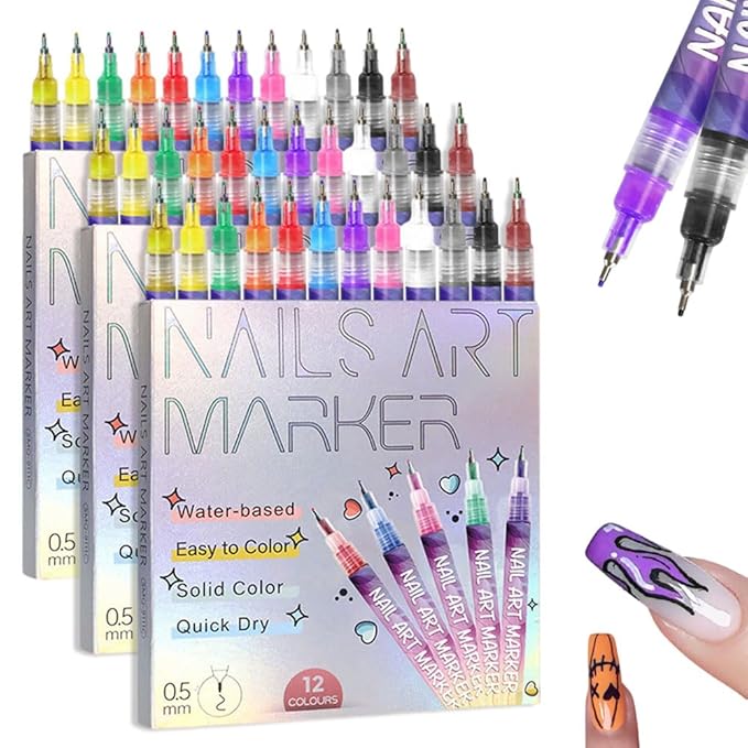 Drkicsy 12 Colors Nail Art Pens Set, DIY Nail Art Markers for Adults, 0.5mm Fine Tip Nail Polish Pens for Graffiti Dotting Drawing Painting Point Liner (3 Sets)