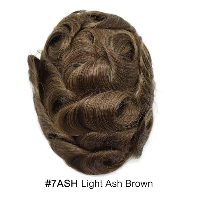 FACE MIRACLE Mens Toupee Lace Front Hairpieces Soft Human Hair Replacement System Natural Hairline Toupee for Men French Lace Poly V-Looped Mens hair Units 6"X9" 7ASH Light Ash Brown