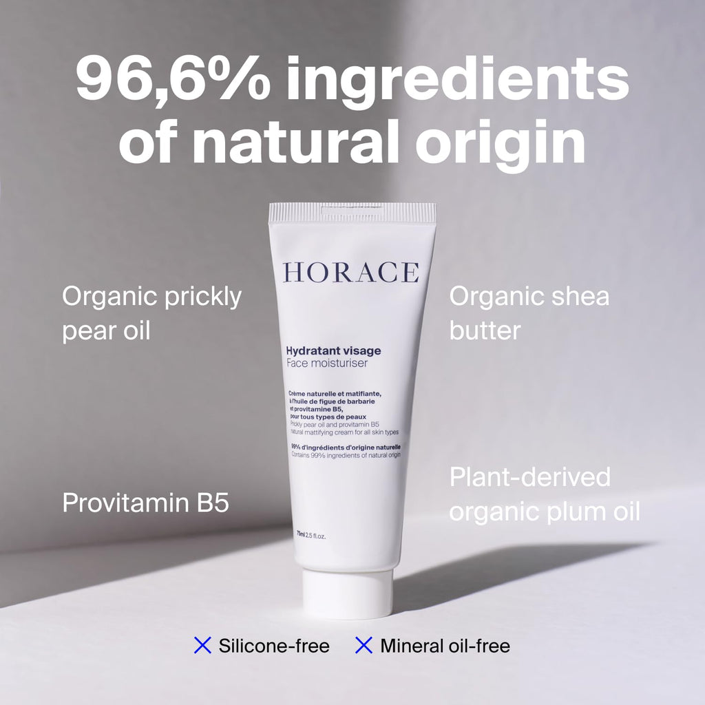 HORACE Mattifying Face Moisturizer for Men – 96.6% Natural Ingredients – No Silicones or Mineral Oils – Moisturising Cream for All Skin Types – Unscented, 75 ml