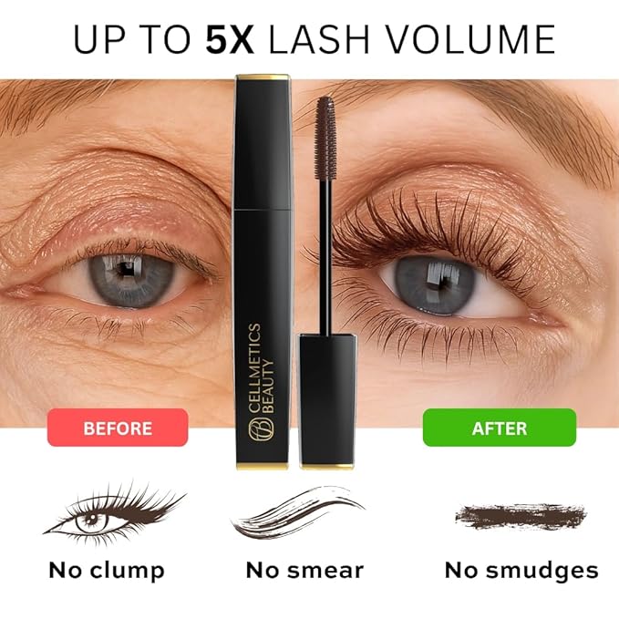 Cellmetics Mascara for Older Women 60 Plus, Volumizing & Lengthening Mascara with Lash Growth Effect, Hypoallergenic, Smudge-Free and Gentle for Sensitive Eyes ((02) Brown)