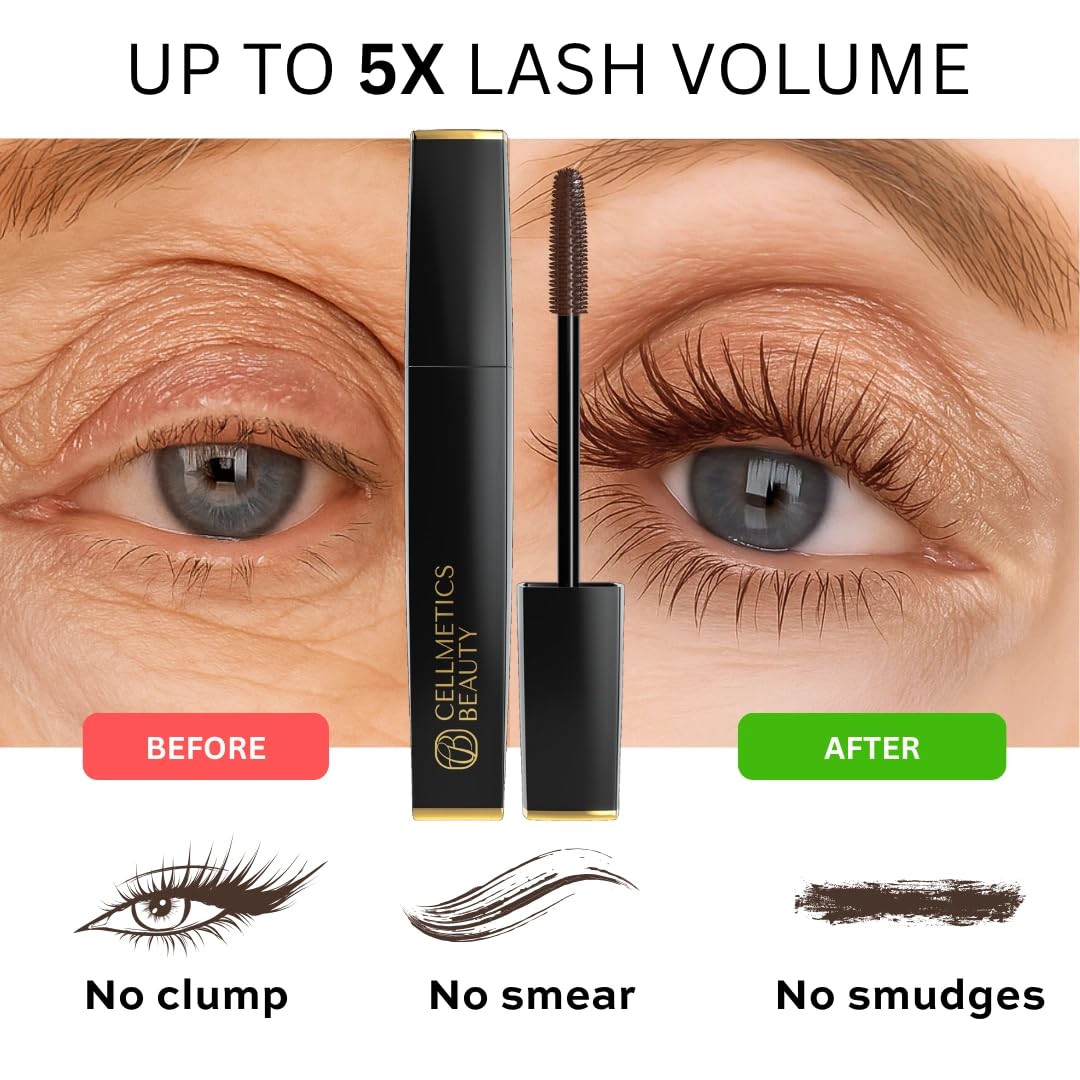 Cellmetics Mascara for Older Women 60 Plus, Volumizing & Lengthening Mascara with Lash Growth Effect, Hypoallergenic, Smudge-Free and Gentle for Sensitive Eyes ((02) Brown)