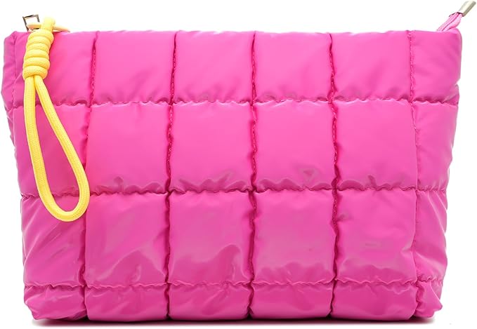 Beayuva Puffer Quilted Makeup Bag Travel Cosmetic Bag Portable Puffy Checkered Toiletry Pouch Skincare Organizer Purse Pencil Case (Hot Pink)