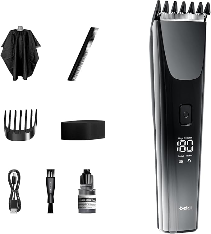 beici Hair Clippers for Men and Kids Adjustable Length Trimmer Haircut Professional Haircuts Tool Grooming 6 Kit LED Screen Display Fast Charge for Family Black