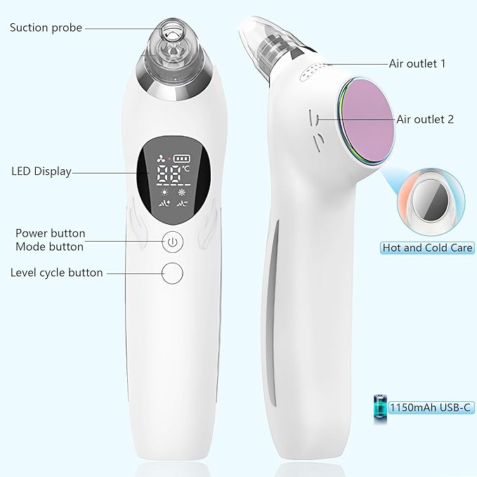 SJIE Blackhead Remover Vacuum Face Suction Pore Cleaner with Hot&Cold Compress Positive&Negative Ion Massage Nose Whitehead Remover Pimple Sucker with 5 Probes Pore Extractor Tool… (White)