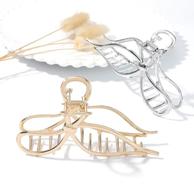 CAKURE Bow Claw Clip Gold Metal Hair Clips Medium Hair Jaw Clamps Stylish Hair Accessories for Women and Girls (Pack of 2)