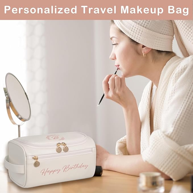 Dazurea Personalized Makeup Bag for Women, Printed Initials Name Cosmetic Bag with Handle, Customized PU Leather Travel Toiletry Bag for Girls, Gifts for Bridesmaid, Daughter, Wife, Mothers Day