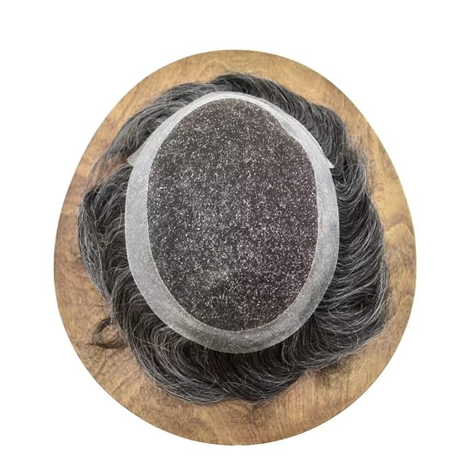 FACE MIRACLE Toupee for Men French Lace Hairpiece Human Hair Replacement System Skin PU Mens Toupee Hair Wigs for Man V-Looped Front Hair Prosthesis 6"X9" #1B40 1B# OFF BLACK WITH 40% SYNTHETIC GREY