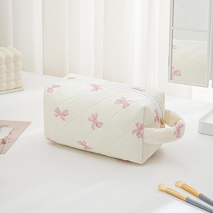 Makeup Bag Travel Cosmetic Bag for Women, Zipper Make Up Pouch, Floral Flowers Toiletry Organizer Makeup with Handle, Cosmetic Travel Cloth Bag (Pink Bow Tie)