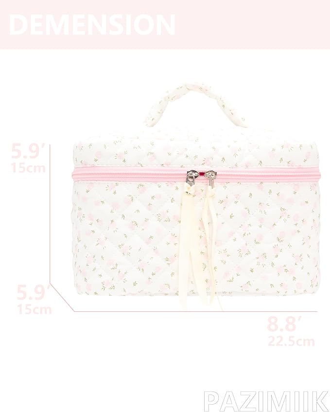 Quilted Makeup Bag for Women, Travel Cosmetic&Toiletry Bag,Flower Pink
