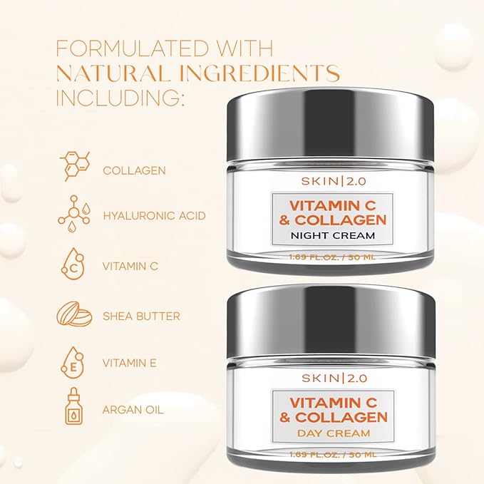 Skin 2.0 Vitamin C & Collagen Face Moisturizer – Anti Aging Day & Night Cream for Smooth & Radiant Skin, Firms & Restores Dull Complexion – Dermatologist Tested, Korean Skin Care Set, Vegan – Duo Pack