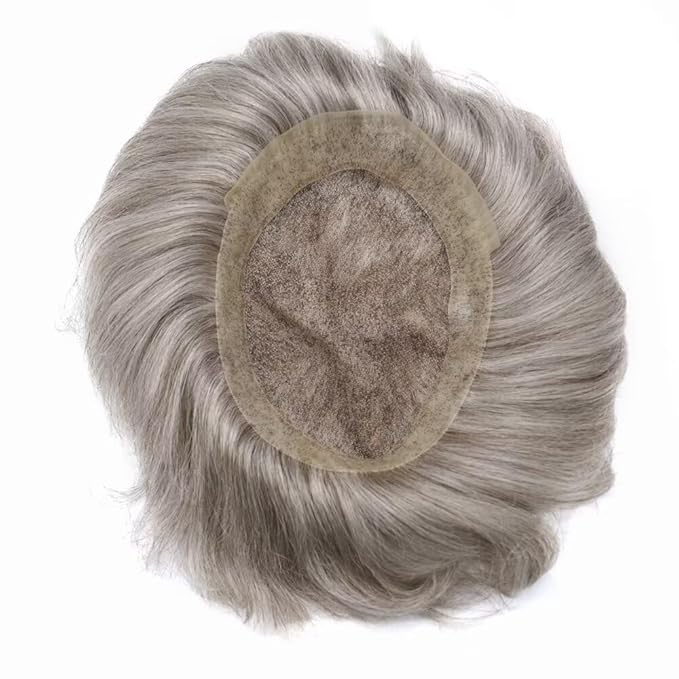 Mens Toupee Human Hair Piece French Lace Toupee for Man Hair System Indian Human Hair Replacement Systems V-Looped PU Front Hairpieces 6"X8" #580 5# MEDIUM LIGHT BROWN WITH 80% SYNTHETIC GREY