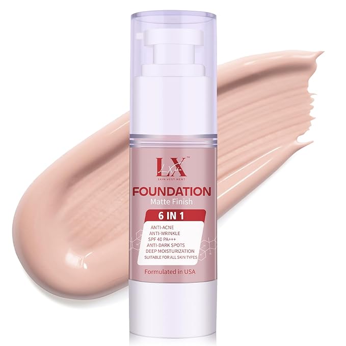 LXSKN 6-in-1 Makeup Foundation Infused with 1% Hyaluronic Acid- Matte + Poreless Liquid Foundation For A Glowing & Soft-Focus Look, Suitable for All Skin Types #106