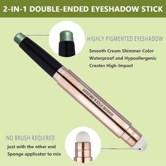SAUBZEAN Bright Green Eyeshadow Stick Makeup, Highlighter Matte Cream Eye Shadow Pencil, Waterproof Hypoallergenic Long Lasting Crayon, Glitter Primer Palette Shimmer Eyeliner Pen wiht Soft Brush