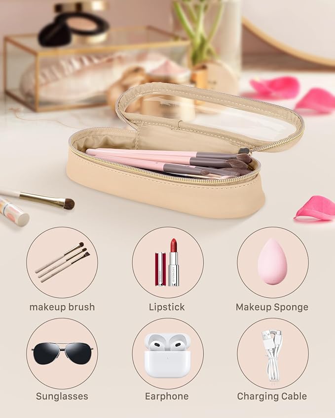 Soimeat Clear Travel Makeup Brush Holder, Leather Makeup Brush Toiletry Bag, Portable Cosmetic Brush Case, Transparent Waterproof Makeup Brush Storage Bag, Khaki