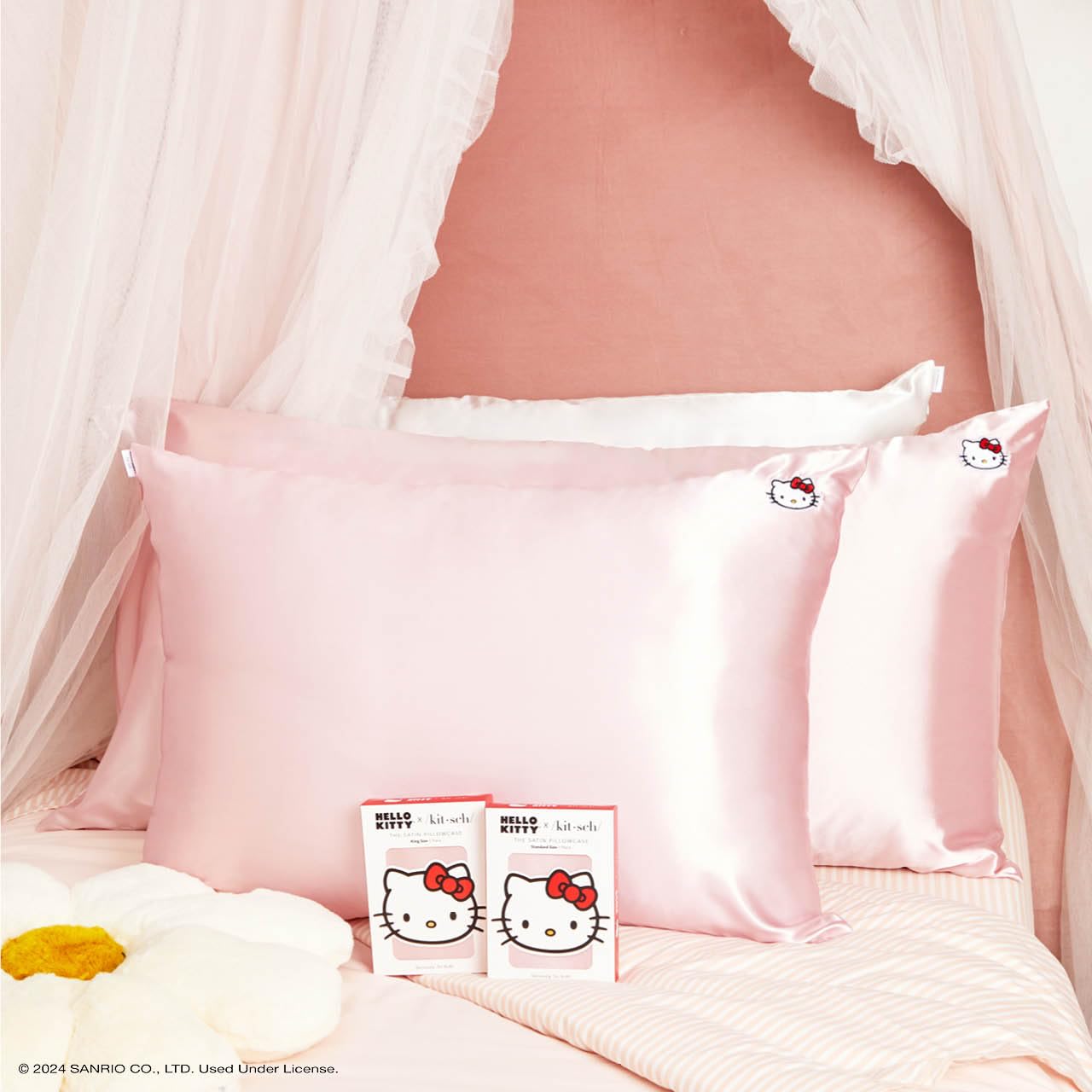 Kitsch x Hello Kitty Satin Pillowcase - Size 19x36, Solid Pink Kitty Face