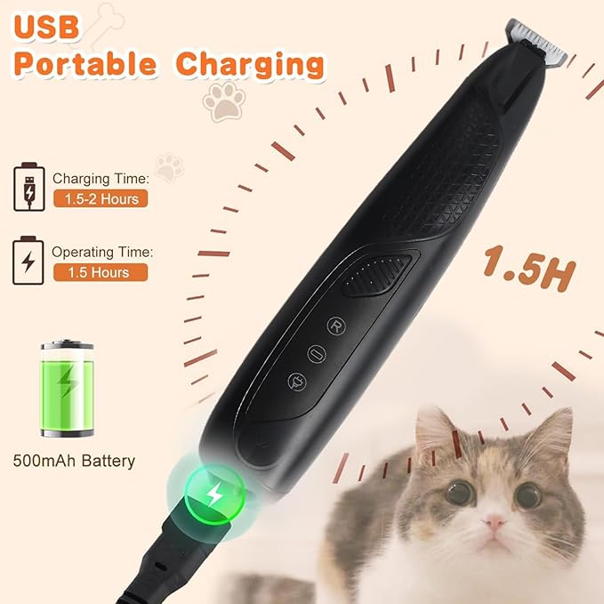JNEKWOZ Professional Dog & Cat Trimmer - Quiet Electric Pet Grooming Kit for Ears/Eyes/Paws with LED Light - Cordless Battery-Powered Fur & Nail Clipper for Small/Large Breeds (Black)