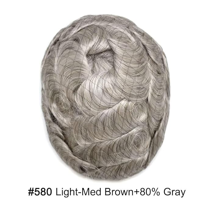 Mens Toupee Human Hair Piece French Lace Toupee for Man Hair System Indian Human Hair Replacement Systems V-Looped PU Front Hairpieces 6"X8" #580 5# MEDIUM LIGHT BROWN WITH 80% SYNTHETIC GREY