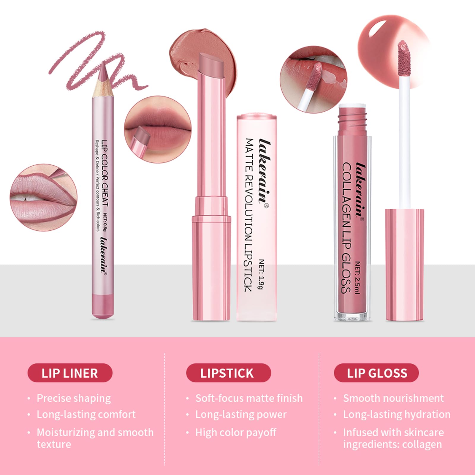 3PCS Lip Liner and Lipstick Combo Set - Matte Lip Liner Pencil, Velvet Matte Lipstick & Hydrating Collagen Lip Gloss - Long-Lasting, Smudge-Proof, High Pigment Nude Brown Lip Makeup Kit (#2 Red Rose)