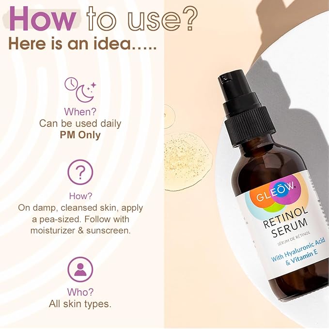 GLEOW Retinol Serum for Face with Hyaluronic Acid and Vitamin E, Gentle Retinol Face Serum Targets the Appearance of Fine Lines and Wrinkles, 2oz