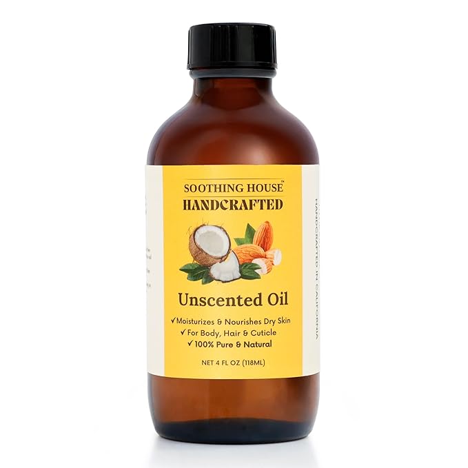 Soothing House Almond Coconut Unscented Moisturizing Body Oil with Fractionated Coconut Oil, Vitamin E, Radiant Looking Glow and Skin Hydration, Instant Absorption, Body, After-Shower oil, 4 Ounces