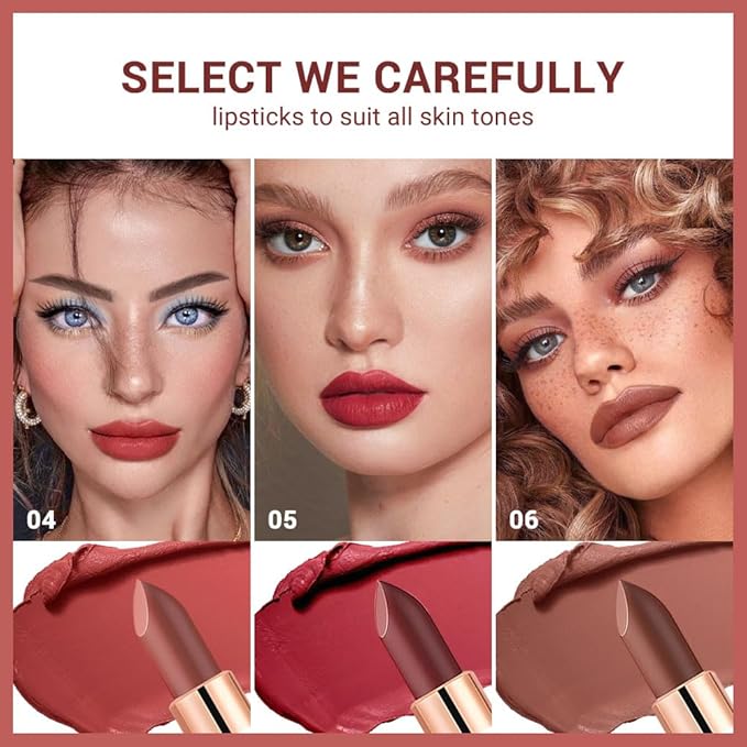 CAKAILA 3Pcs Nude Rose Bright Red Warm Brown Lip Stick,Matte Cream Lipstick Set for Women,Long Lasting Waterproof Smudge Proof Velvet lipsticks Crayon,Lip Makeup Kit Travel Size,Vegan & Cruelty-free