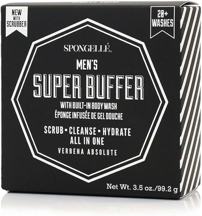 Spongellé Men's Super Buffer, Verbena Absolute | 20+ Washes | Body Wash Infused Exfoliating Body Scrubber | Loofah Sponge For Men | Gift for Father's Day, Vegan, Dermatologist-Tested, Made in USA
