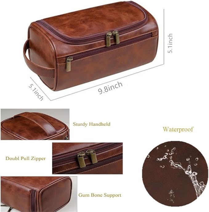 joyinaff Personalized Embroidery PU Leather Travel Toiletry Bag for Men,Stylish Travel Organizer for Travel, Wedding Gift,Customized Monogram Travel Shaving Dopp Kit for Groomsmen (Brown)