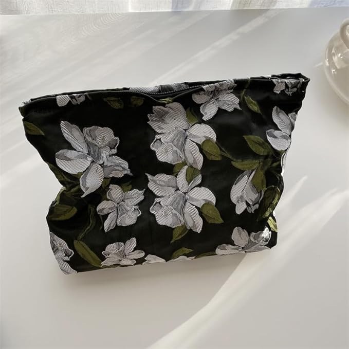 Flat Makeup Bag for Women,Zipper Cosmetic Pouch Purse,Brocade Floral Black