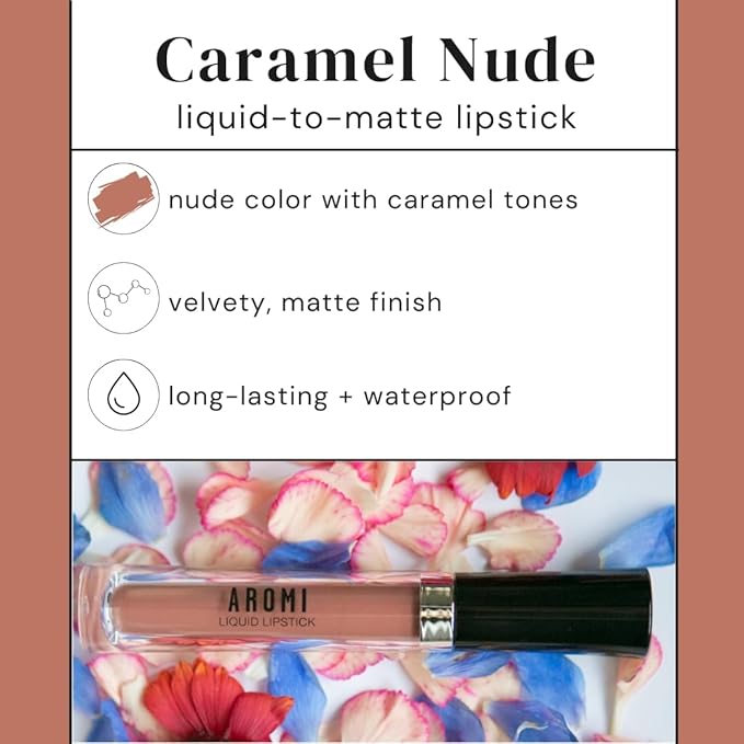 Aromi Matte Liquid Lipstick | Long-Lasting, Sand Beige Lip Color for Women, Tan Shade, Waterproof, Smudge + Transfer Proof (Caramel Nude)