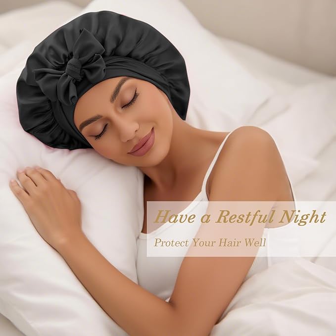 YOHTAS Satin Hair Bonnet for Sleeping Women, Double Layer Silk Bonnets for Women with Tie Band, for Braids Curly Long Hair