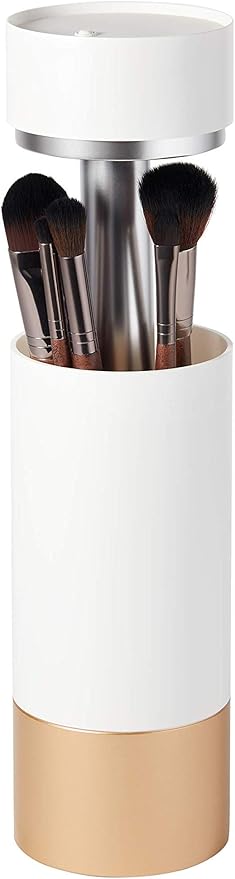 Brushean UVC Sanitizer with Ozone, Makeup Brush Holder, One Touch for Open, Dustproof Make Up Supplies Organized Storage, Stylish and Durable Design (Standard, White/Rose Gold)