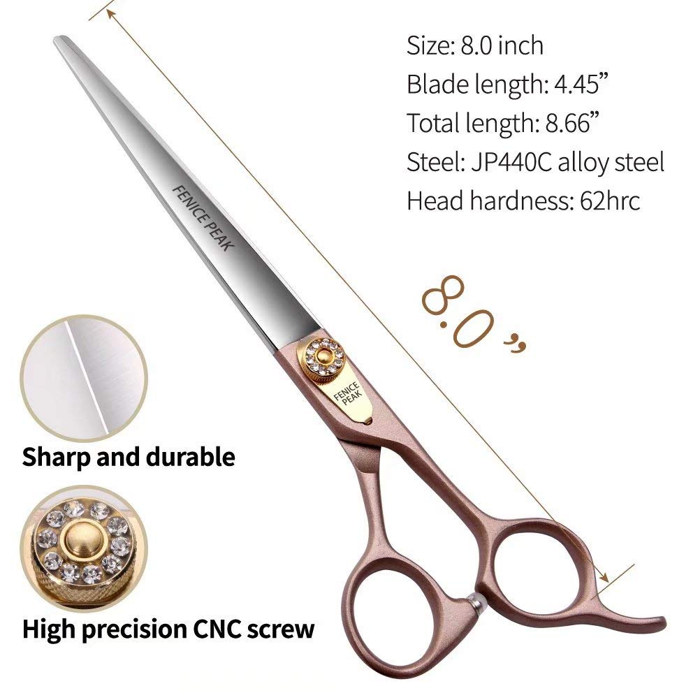 Fenice Peak 8'' Dog Straight Scissors for Grooming 440C Stainless Steel Rose Gold Professional Pet Trimming Scissors Sharp Blades Cutting for Dogs and Cats Shears