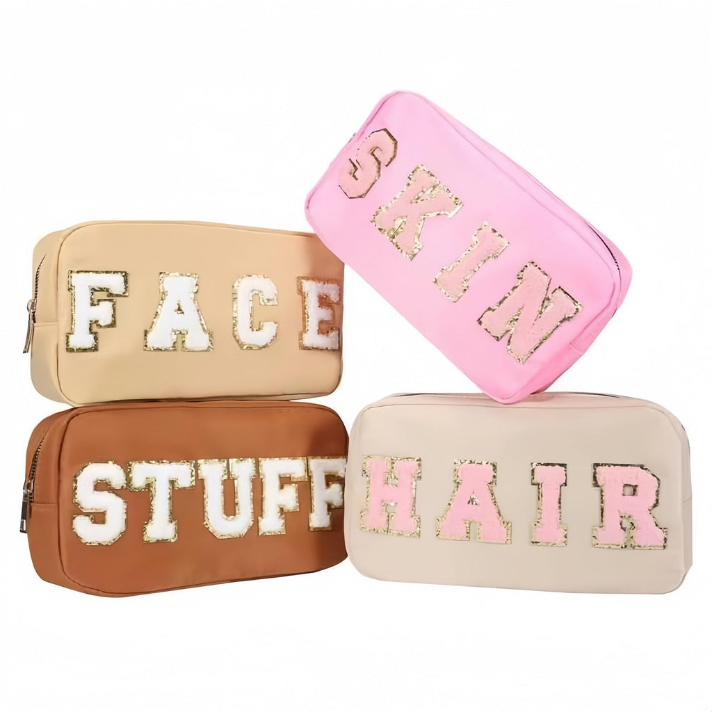 4 Pcs Nylon Cosmetic Bags Travel Organizer Chenille Letter Makeup Pouch Zipper Preppy Waterproof Hair Bag Toiletry Pouch for Women Girls Coffees