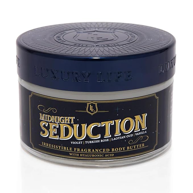 LUXURY LIFE BUTTER - 40% Extrait de Parfum Fragranced Body Butter with Hyaluronic Acid for Ultimate Moisture - Luxurious Room-Filling Natural Fragrances - Non-Greasy, USA Made, Midnight Seduction, 5oz