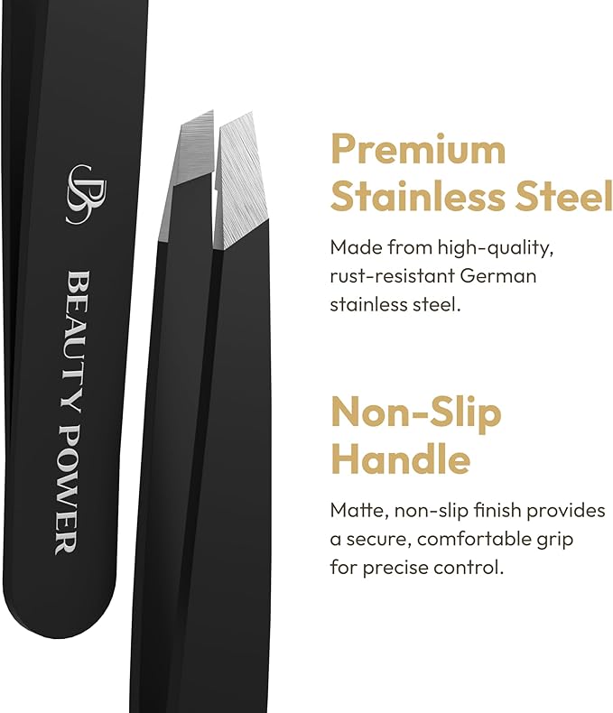Beauty Power Tweezers for Women Facial Hair: Ultra Precision Tweezers for Women & Men, Sharp Slant Tweezer for Eyebrows, Ingrown Hair Removal. Professional Plucker + Case, German Stainless Steel Black