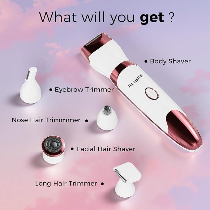 BLIBEE Bikini Trimmer for Women, LED Display Electric Razors for Women, 5-in-1 Electric Shaver, Rechargeable Painless Pubic Hair Trimmer for Legs, Underarms, Face & Sensitive Skin (Purple)