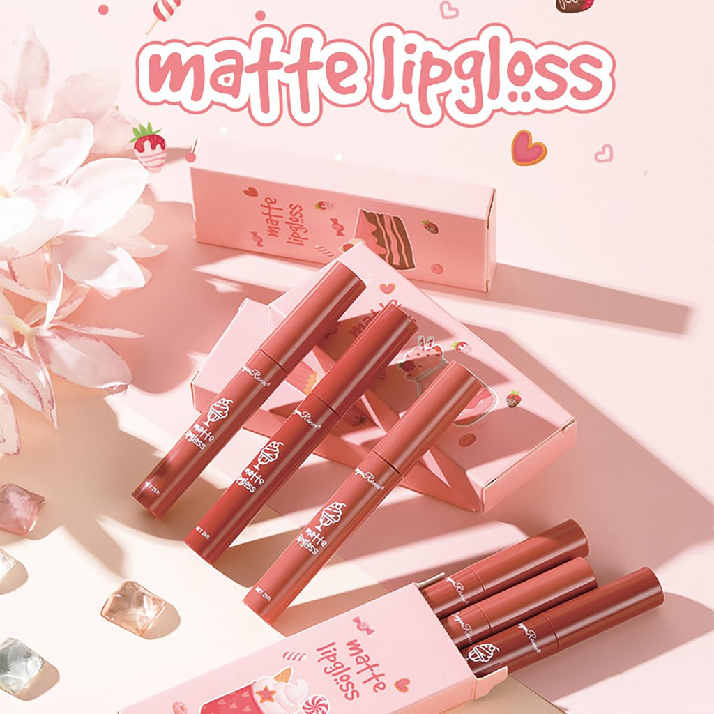 Tiejdhr 3Pcs Nude Matte Lipstick Set, Ice Cream Velvet Smooth Matte Lip Gloss, 24 Hour Natural Long Lasting & Nourishing Lip Glaze Non-stick Cup for Women Makeup (Set C)