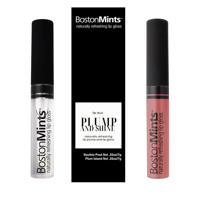 Boston Mints Plump & Shine Lip Duo Set - Plum Island Lip Gloss (.25oz) and Lip Plumper Southie Pout (.25oz) - Naturally Refreshing Vegan Lip Gloss