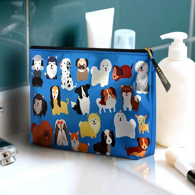 GEGEPINK Cute Makeup Bag for Purse Waterproof Cosmetic Bags for Women Funny Smooth Zipper Travel Toiletry Pouch 10X8 Inches-Cute Animal Dogs Makeup pouch