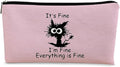 BARPERY Black Cat Makeup Bag - Funny 'I'm Fine' Cosmetic Bag, Pink Zipper Travel Toiletry Bag for Cat Lovers, Teen Girls & Cat Owners Gifts