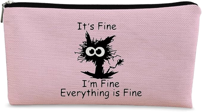 BARPERY Black Cat Makeup Bag - Funny 'I'm Fine' Cosmetic Bag, Pink Zipper Travel Toiletry Bag for Cat Lovers, Teen Girls & Cat Owners Gifts
