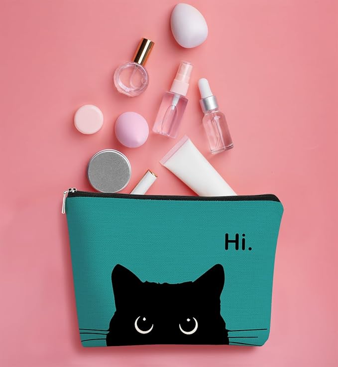 BARPERY Cat Makeup Bag - Cute Cosmetic Pouch for Cat Lovers, Black Kitty Design, Hi Kitty Gift for Women (Bluish Blue, Beige)