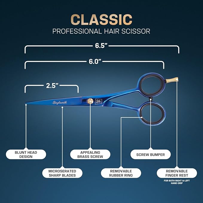 Stylonik Hair Cutting Scissors-Professional Hairdressing Scissors for Women,Men,Hair Stylists,Salon,Barber- 6.5-Inch Stainless Steel Hair Scissors with Finger Rest (Classic Scissor Blue Titanium)