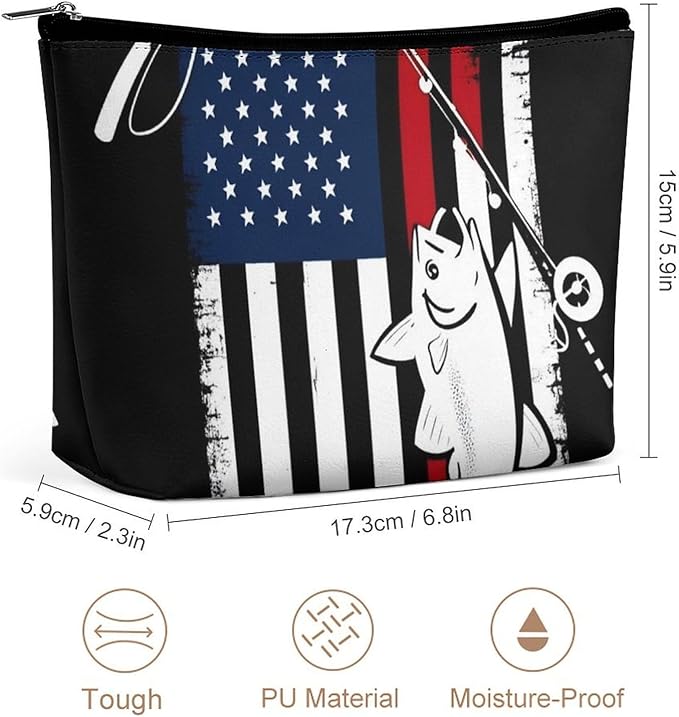 Meaudiwes Fashion Zipper Cosmetic Case, Portable Makeup Case, Personality Toiletry Bag, Travel Cosmetic Toiletry Bag Bass Fish Fishing Lure American Flag