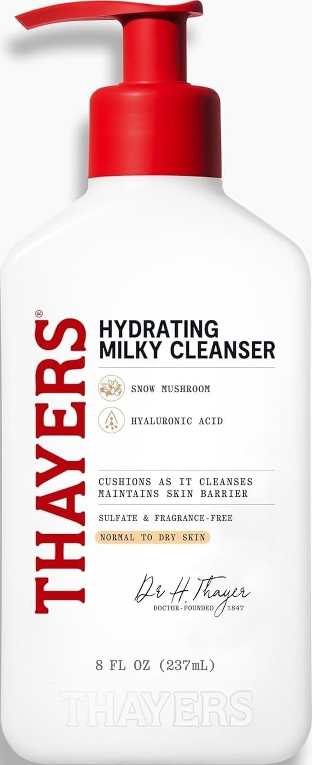 Thayers Milky Hydrating Face Cleanser with Snow Mushroom and Hyaluronic Acid, Dermatologist Recommended Gentle Facial Wash and Hydrating Skincare for Dry and Sensitive Skin, Paraben Free, 8 Fl Oz
