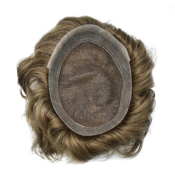 F M FACE MIRACLE NEW YORK Mens Toupee Human Hair Piece French Lace Toupee for Man Hair System Indian Human Hair Replacement Systems V-Looped PU Front Hairpieces 7"X9" 6# LIGHT BROWN